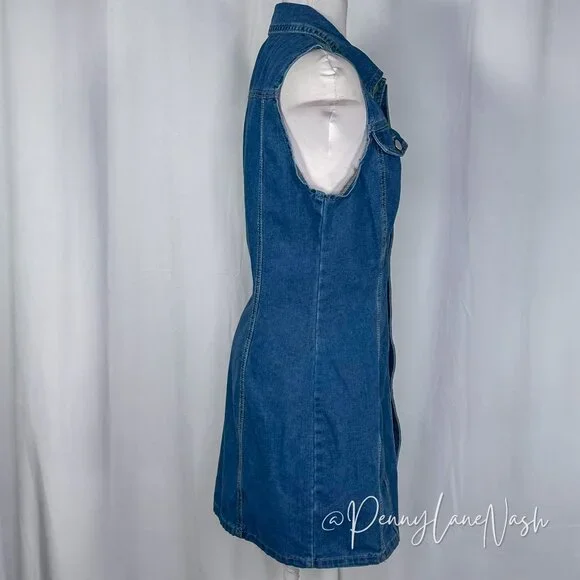 Shein Denim Button Front Sleeveless Shirt Dress Blue - Picture 6 of 10